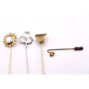 Vintage Lapel Stick Pins Set 4 Sunflower Leaf Floral Designs Gold Silver Tone